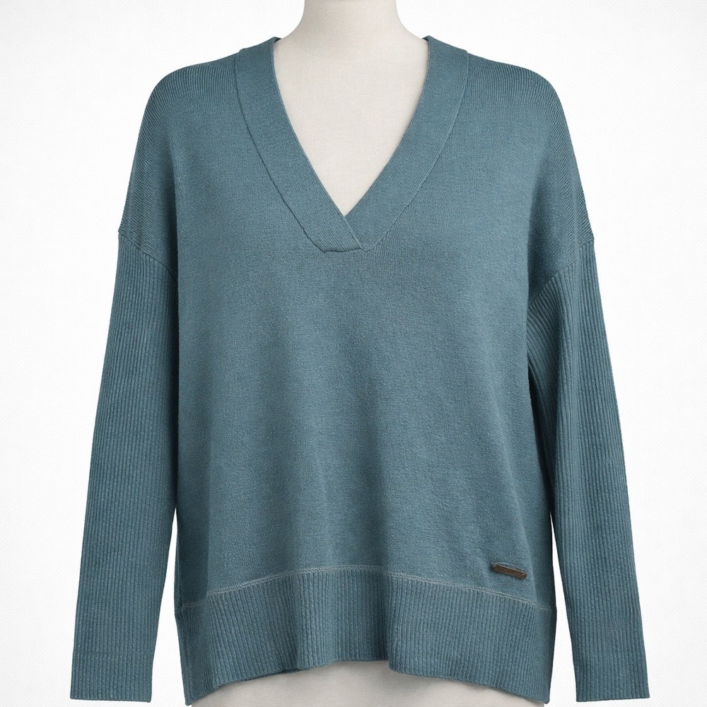 Carve Designs Ribbed Wool V Neck Sweater Sz S Teal Blue Classic Outdoor Granola